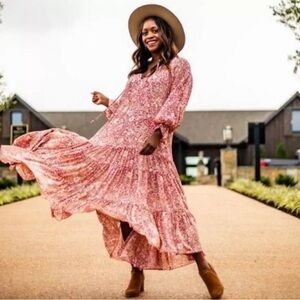 ANTHROPOLOGIE OPT Long Floral Sleeve Tiered Boho Midi Dress Size S